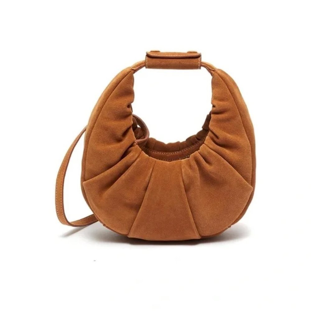 Mini Soft Moon Bag Staud suede camel handbag